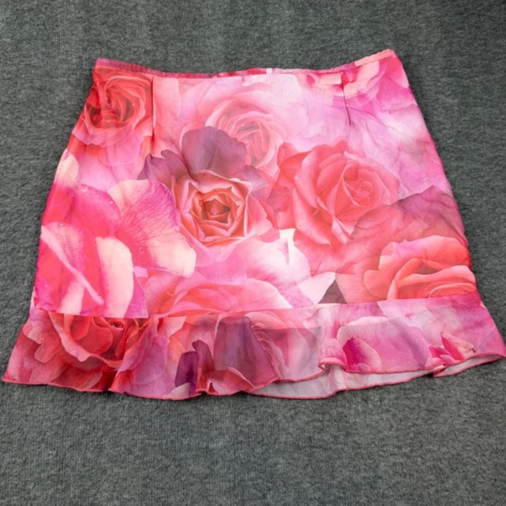 PrettyLittleThing Mini Skirt Women Size 10 Pink Floral Mesh Ruffle Hem Rose‎ - Picture 7 of 7